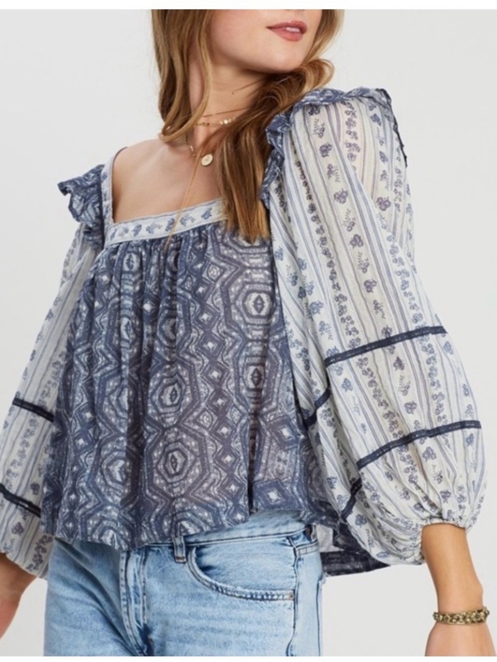 Free People Mostly Meadow blouse blue bohemian size S